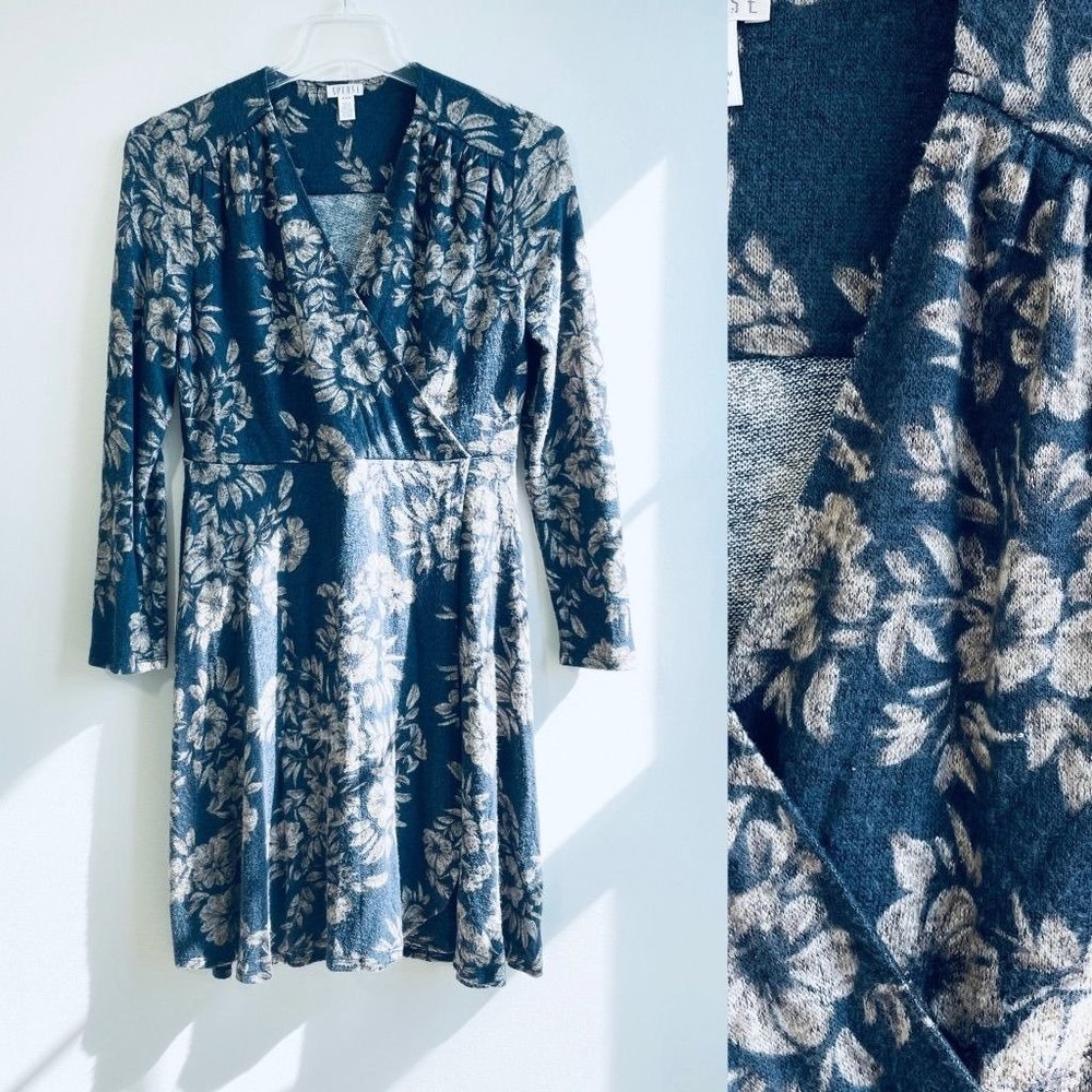 Spense Women's Knit Dress Medium Wrap Midi Floral Blue Long Sleeve Gray New